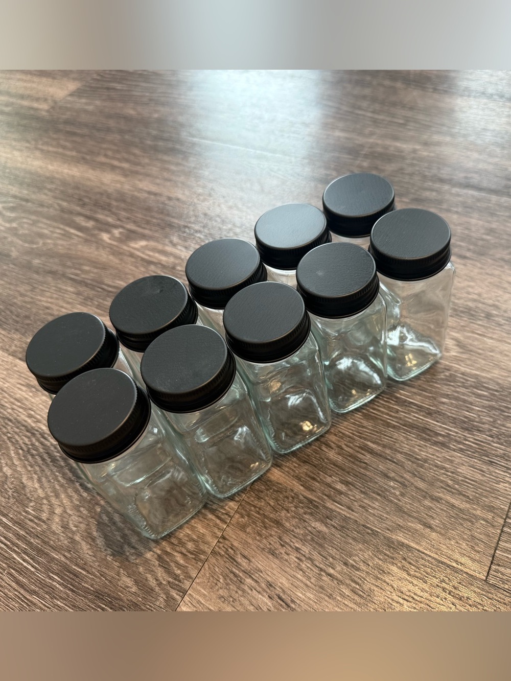 Lot of 10 brand new Glass Spice Jars with Black Lids
